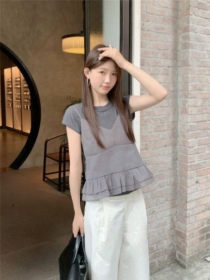 Ruffle Hem Camisole & Crew Neck Tee Set