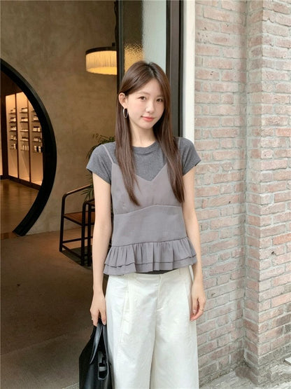 Ruffle Hem Camisole & Crew Neck Tee Set