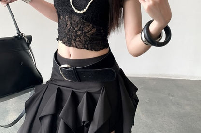 Lace Crop Top - Round Neck Short Sleeve