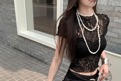 Lace Crop Top - Round Neck Short Sleeve