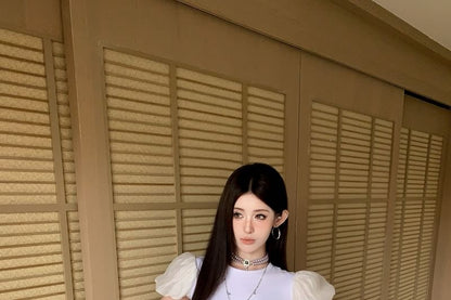 Puff Sleeve Round Neck Crop Tee - Plain