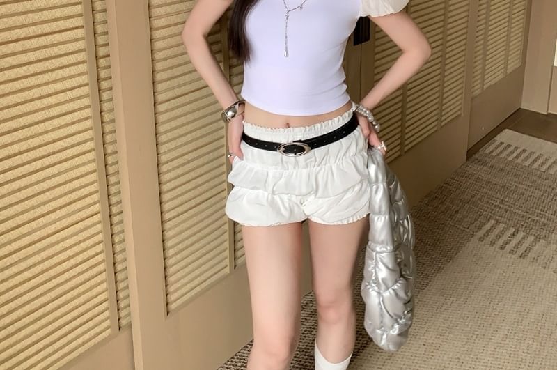 Puff Sleeve Round Neck Crop Tee - Plain