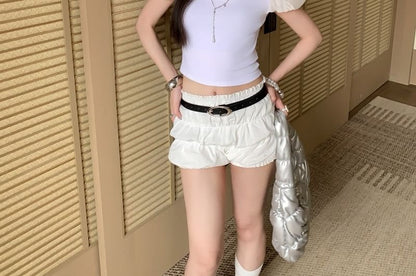 Puff Sleeve Round Neck Crop Tee - Plain