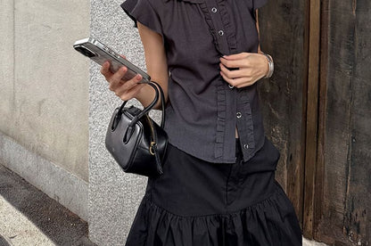Cap-Sleeved Frill Trim Crop Button-Up Shirt