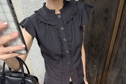 Cap-Sleeved Frill Trim Crop Button-Up Shirt