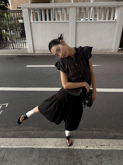 Cap-Sleeved Frill Trim Crop Button-Up Shirt