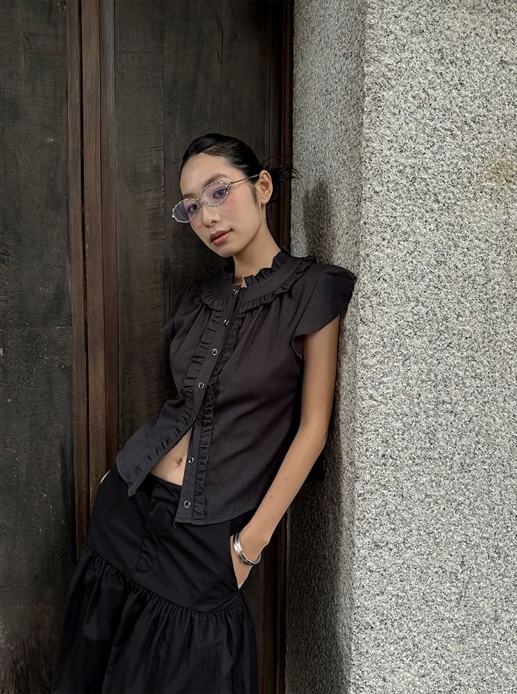 Cap-Sleeved Frill Trim Crop Button-Up Shirt
