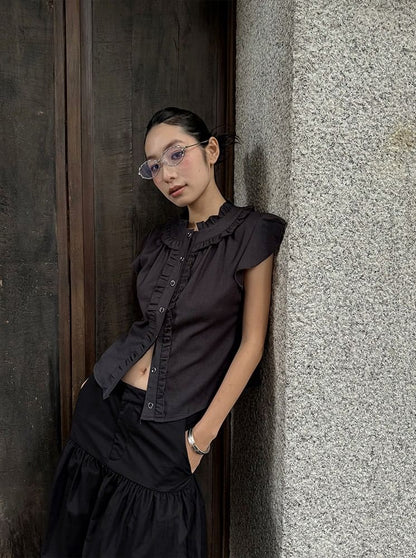 Cap-Sleeved Frill Trim Crop Button-Up Shirt