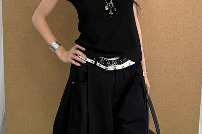 Short-Sleeved V-Neck Plain Tee and Sleeveless Set