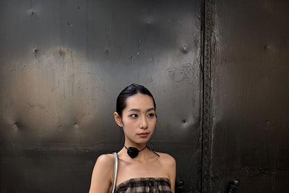 Strapless Frill Trim Plaid Top