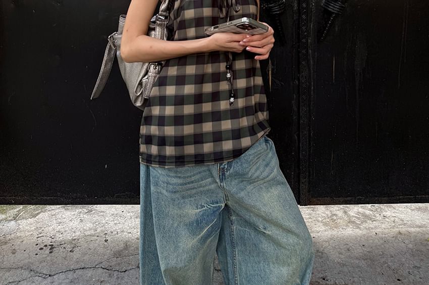 Strapless Frill Trim Plaid Top