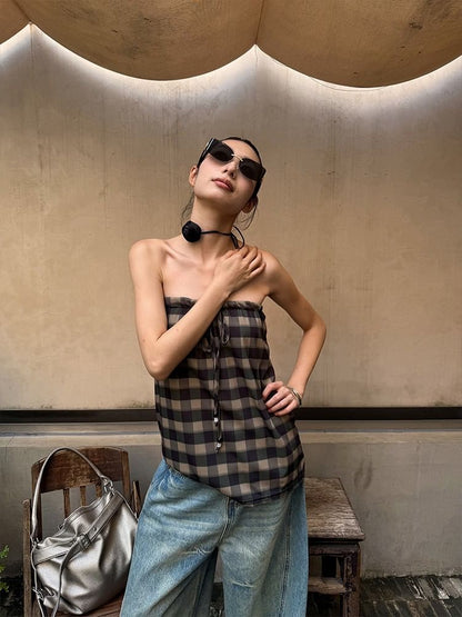 Strapless Frill Trim Plaid Top