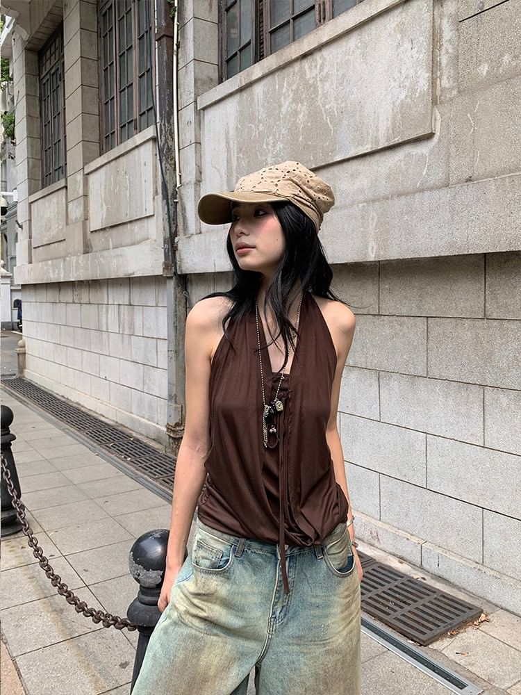 V-Neck Sleeveless Open Back Plain Top