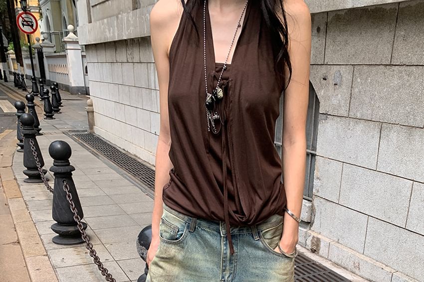 V-Neck Sleeveless Open Back Plain Top