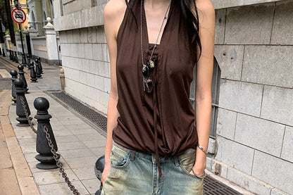 V-Neck Sleeveless Open Back Plain Top