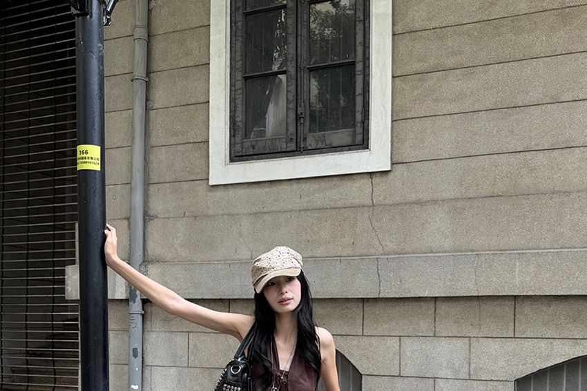 V-Neck Sleeveless Open Back Plain Top