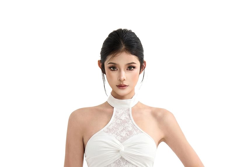 Mock Neck Sleeveless Twisted Lace Crop Top