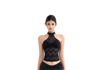 Mock Neck Sleeveless Twisted Lace Crop Top