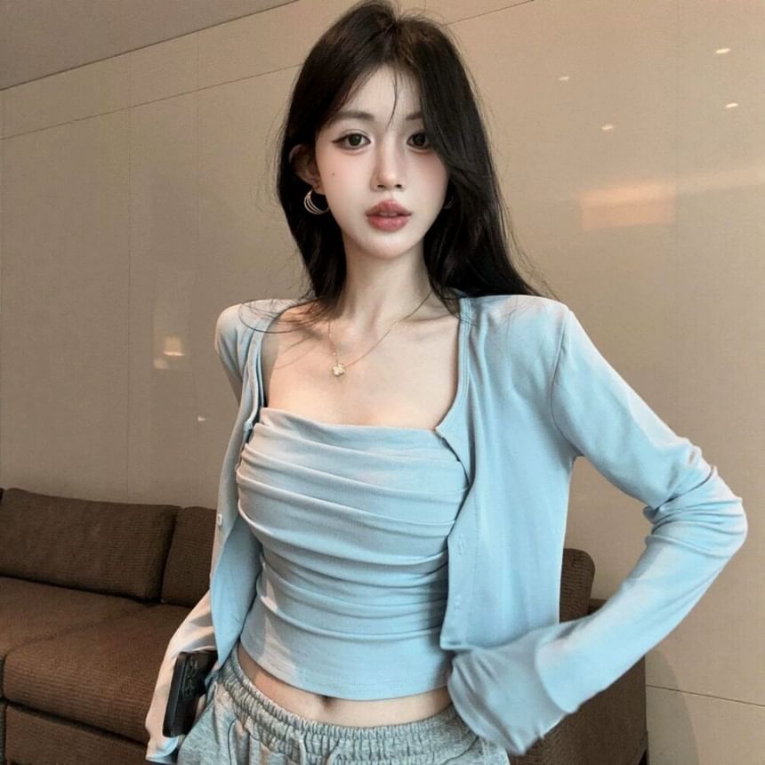 Shirred Crop Camisole & Button-Up Cardigan Set