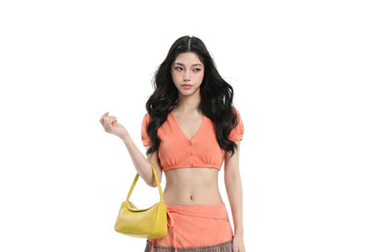 V-Neck Button-Up Crop Top & Two Tone Maxi A-Line Skirt