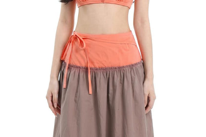 V-Neck Button-Up Crop Top & Two Tone Maxi A-Line Skirt