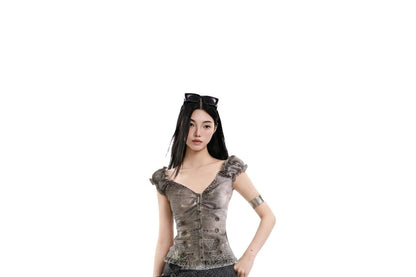 Cap-Sleeved V-Neck Printed Button-Up Crop Top