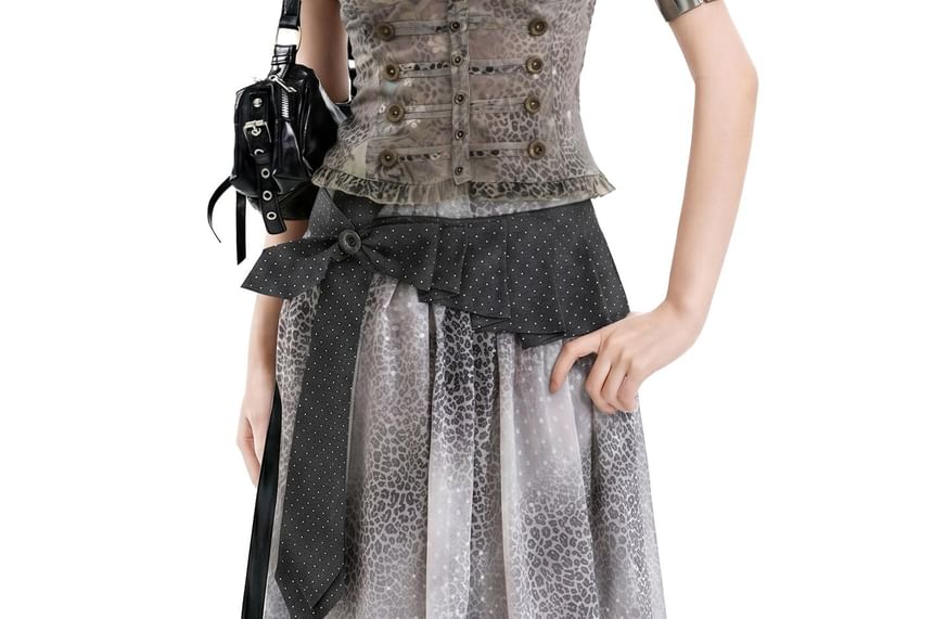 Cap-Sleeved V-Neck Printed Button-Up Crop Top