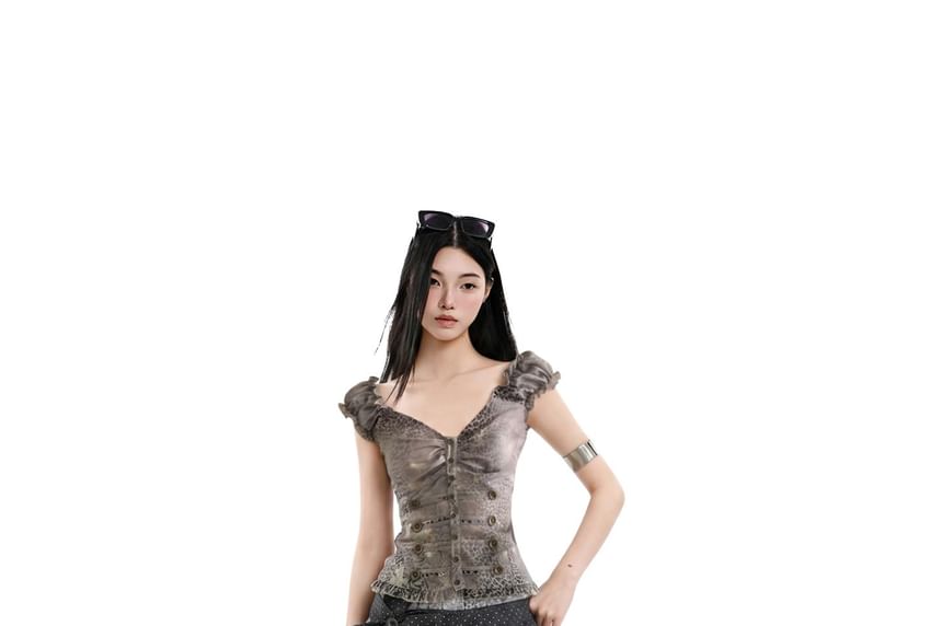 Cap-Sleeved V-Neck Printed Button-Up Crop Top