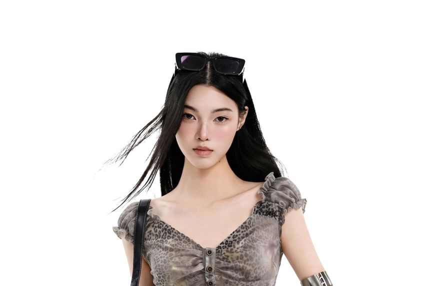 Cap-Sleeved V-Neck Printed Button-Up Crop Top