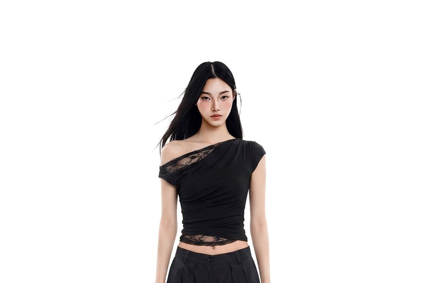 Off-Shoulder Short-Sleeved Plain Crop Top
