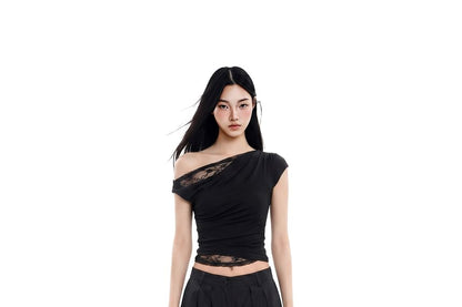 Off-Shoulder Short-Sleeved Plain Crop Top