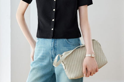 Short V-Neck Button-Up Plain T-Shirt