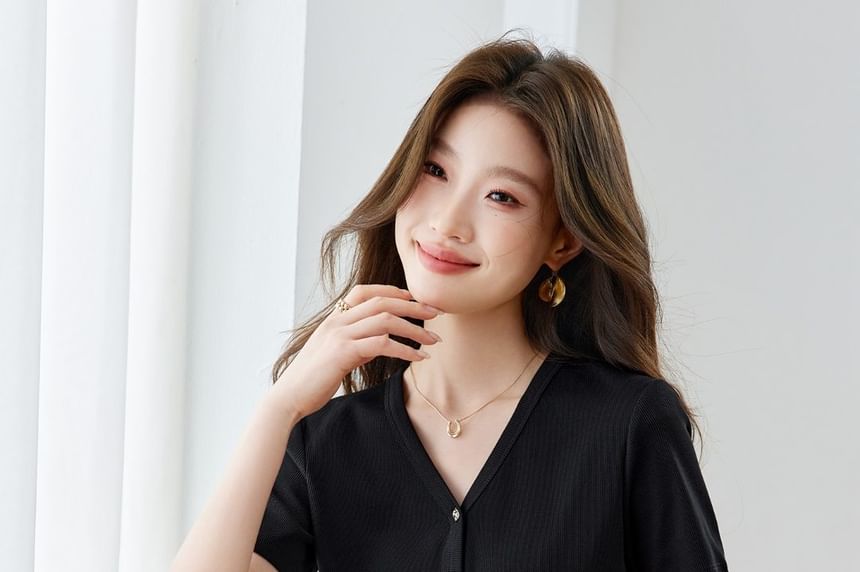 Short V-Neck Button-Up Plain T-Shirt