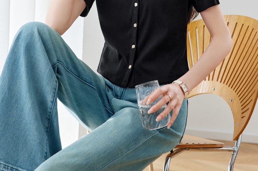Short V-Neck Button-Up Plain T-Shirt