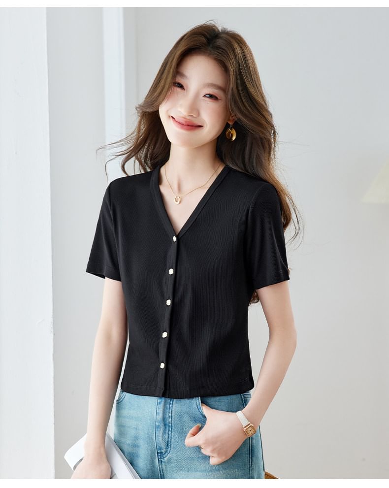 Short V-Neck Button-Up Plain T-Shirt