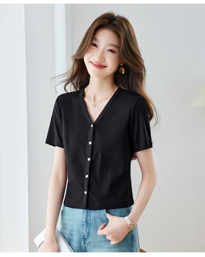 Short V-Neck Button-Up Plain T-Shirt