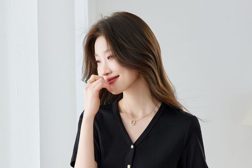 Short V-Neck Button-Up Plain T-Shirt