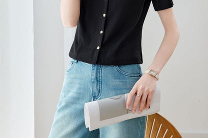 Short V-Neck Button-Up Plain T-Shirt