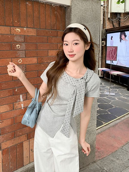Polka Dot Tie-Neck Asymmetrical Slit T-Shirt
