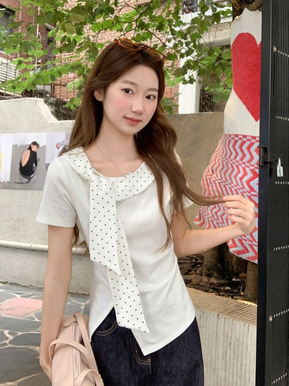 Polka Dot Tie-Neck Asymmetrical Slit T-Shirt