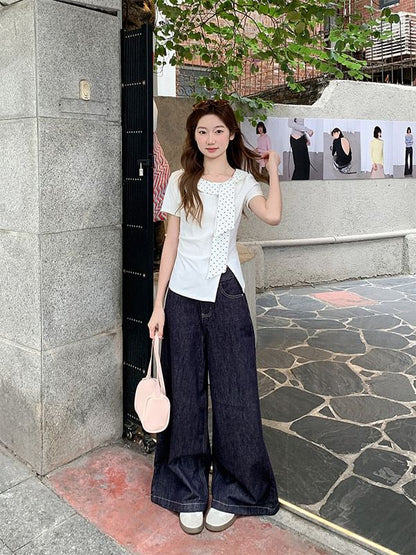 Polka Dot Tie-Neck Asymmetrical Slit T-Shirt
