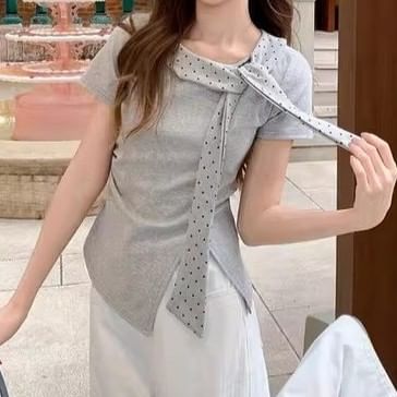 Polka Dot Tie-Neck Asymmetrical Slit T-Shirt
