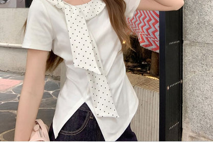 Polka Dot Tie-Neck Asymmetrical Slit T-Shirt