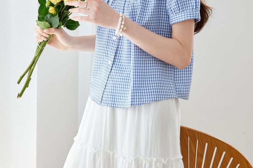 Puff-Sleeved Gingham Button-Up Blouse with Lace Trim