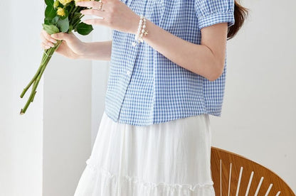 Puff-Sleeved Gingham Button-Up Blouse with Lace Trim