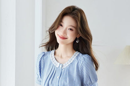 Puff-Sleeved Gingham Button-Up Blouse with Lace Trim