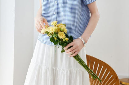 Puff-Sleeved Gingham Button-Up Blouse with Lace Trim