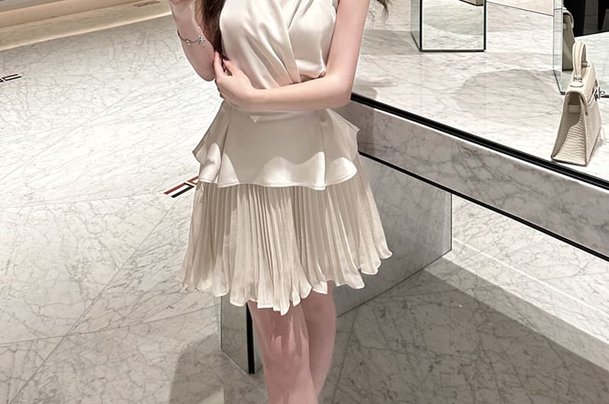 Halter Wrap Blouse & Pleated Mini Skirt Set