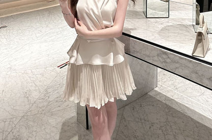 Halter Wrap Blouse & Pleated Mini Skirt Set