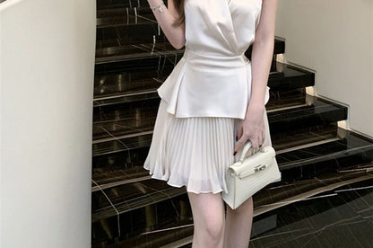 Halter Wrap Blouse & Pleated Mini Skirt Set